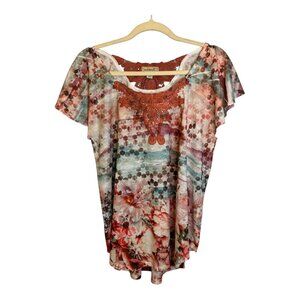 One World Blouse Women's Size XL Lace Floral Lightweight Green Pink
